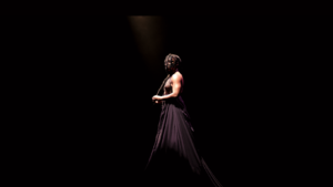 A lone black woman standing on a stage, facing left, dramatically lit against a black background. She's wearing a black shoulder-less dress, and her hair pulled forward and threaded in dreadlocks across her face like a mask, with strands vertical and horizontal hiding her features