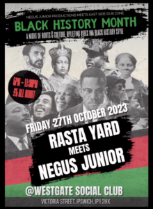 An event poster for Rasta Yard meets Negus Junior, featurig key info about the event alongside 9 black icons, including Malcome X, Bob Marley and others