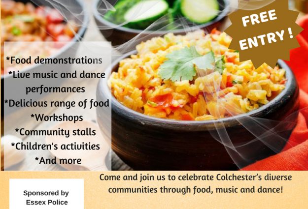 A flyer for Colchester Festival of Rice & Spice, with images of delicious food