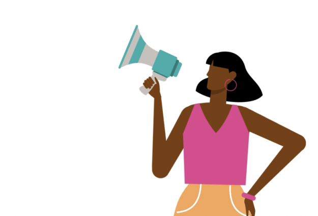 An animation of a woman holding a megaphone