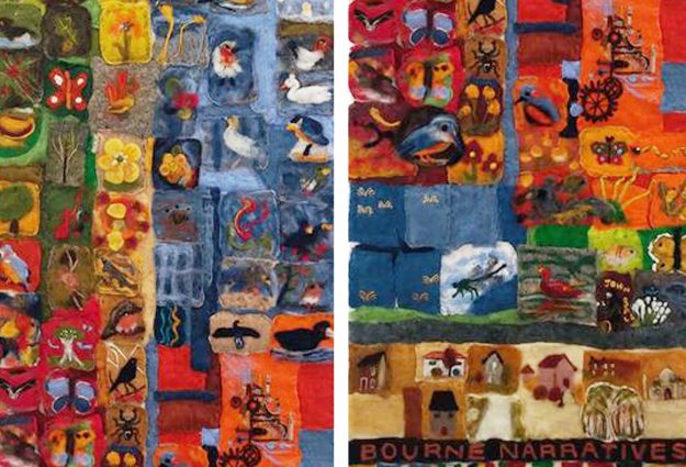 Banner for Bourne Narratives: a patchwork of colourful felts made by the community