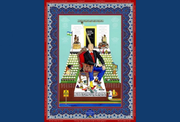 An artwork by the Singh Twins, featuring Donald Trump surrounded by detailed objects and subjects such as enslaved people, a cotton field, and fashion accessories with a label saying 'King Cotton',