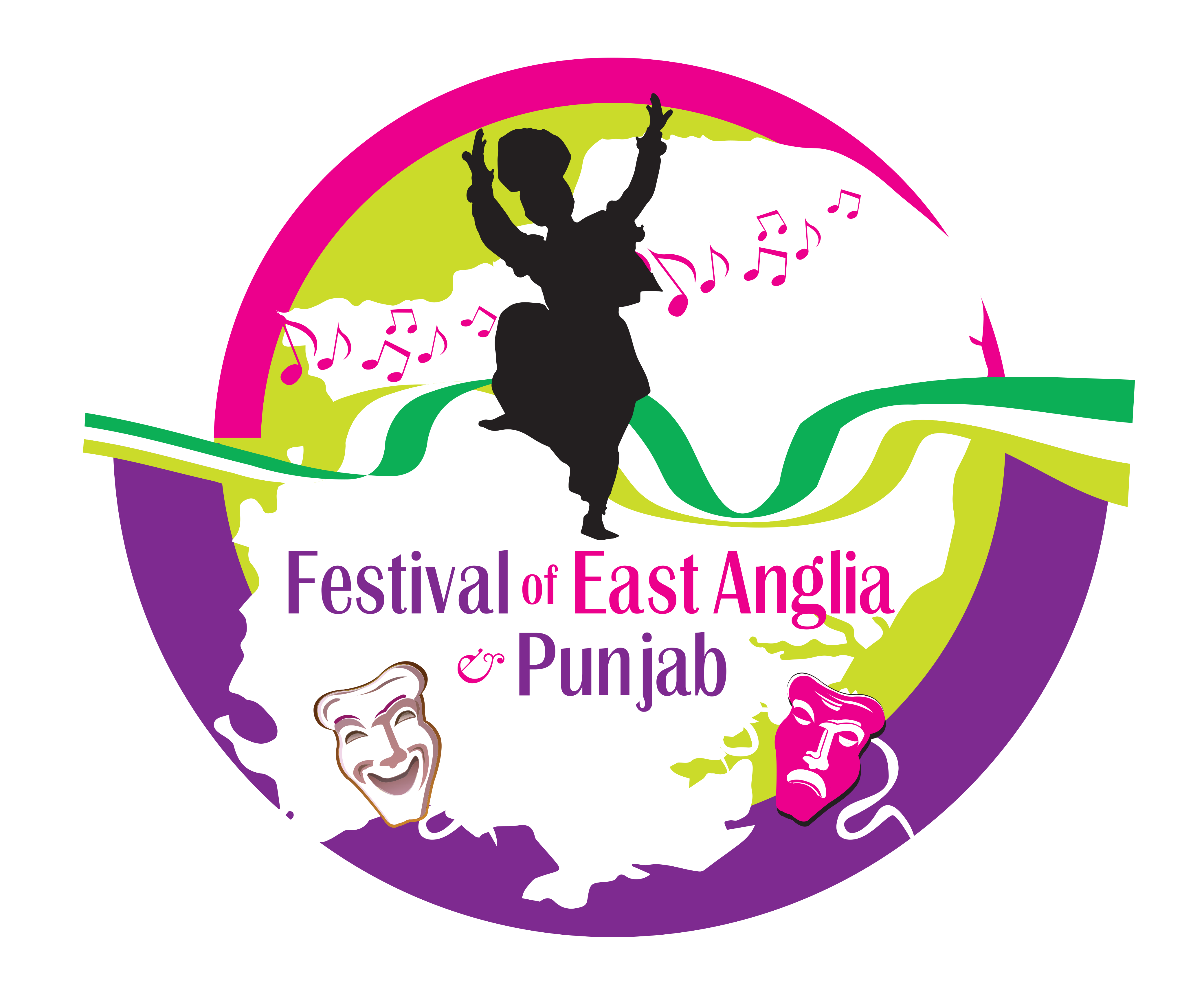 Colourful and lively badge for the Festival of East Anglia and Punjab