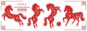 an illustration showing red paper art of four horses